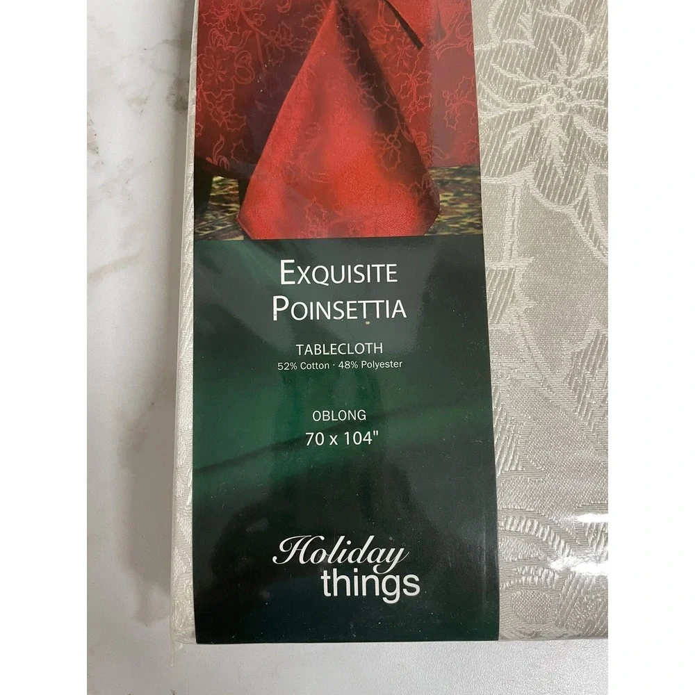 Holiday Things Cream Tablecloth Poinsettia Damask New in Package 70x104‎